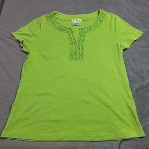Hannah Womens Green Short Sleeve Top Crochet Accent Neckline 100% Cotton Size L
